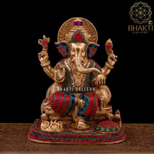 Brass Ganesha Statue with Stonework, 33cm Big Brass Ganesh Murti, Ganapathi Idol, Elephant God Idol, Good Luck Gift for New Beginnings