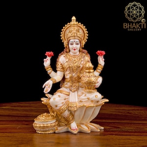 Lakshmi Statue, 18 CM Hand Painted Cultured Marble Goddess Laxmi Statue, Hindu Goddess of Money, wealth, Abundance, fertility & prosperity.