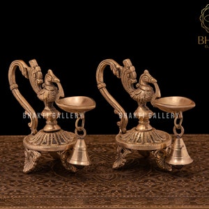 Brass Annam bird Diya Set of 2, 13 cm Annapakshi Design Brass Oil Lamp with Bell for Aarti, Traditional Indian Brass Decorative oil Diya