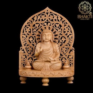 Wooden Buddha Statue, 31 cm Hand Carved Wodden Blessing Lord Buddha Idol, Buddhist Deities Temple Altar Yoga Studio Meditation Room Decor