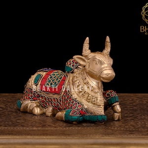 Brass Nandi with Stonework, Gatekeeper of Shiva & Parvati, God Nandi Figure, 17 cm Small Size Brass Nandi Statue, Sacred Bull, Shiv Sevak