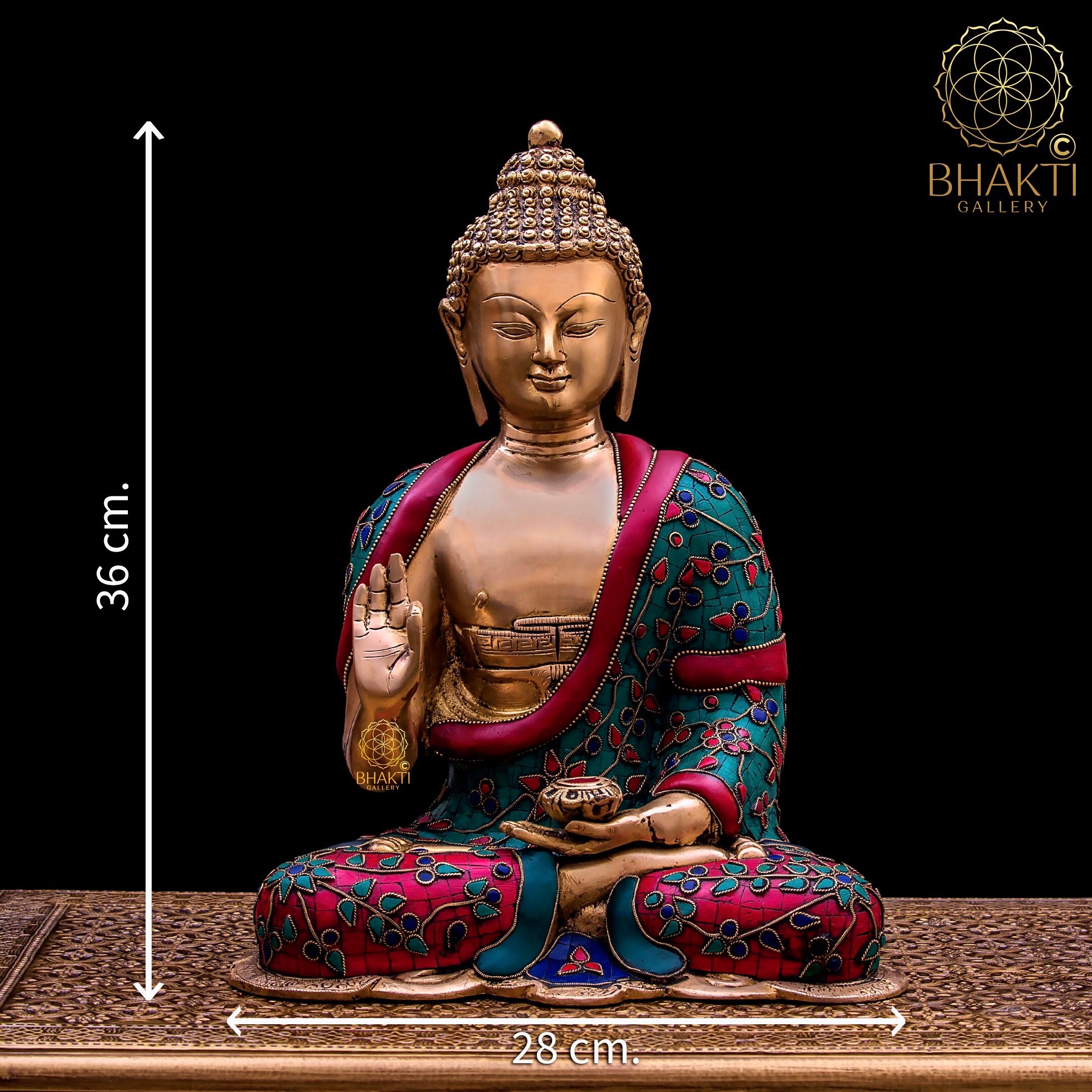 Brass Buddha Statue With Stonework, 36 Cm Big Size Brass