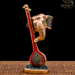 Abstract Art Brass Ganesha Statue, 31 cm Abstract Art Brass Ganesh Statue with Veena, Modern Ganesha Figure, Musical Ganesh Ganesha Idol