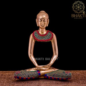 Brass Abstract Buddha Statue with Stonework, 25 cm Big Abstract Art Meditating Lord Buddha Idol, Shakyamuni buddha, Meditation room Decor