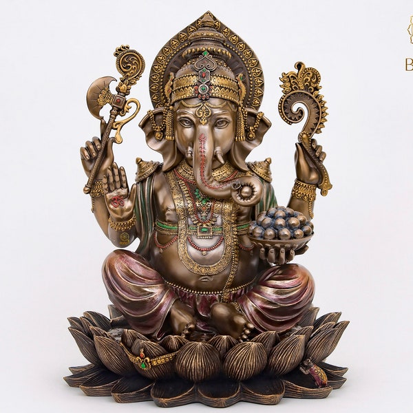 Posąg Ganesha, 31 cm, brązowy posąg Pana Ganesha na lotosie, Ganapati, Winajaka, hinduski bóg słonia i prezent na szczęście na nowy początek