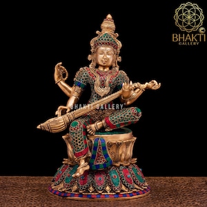 Brass Saraswati Statue with Mosaic Stonework, 37 cm Large Brass Saraswati Idol, Sarasvati Statue, Hindu goddess of Arts Music & Knowledge