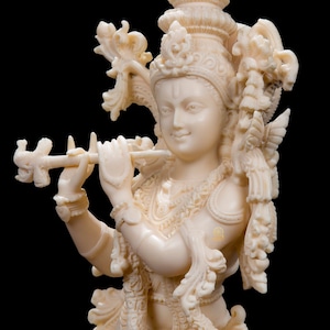 Krishna Statue, 37 cm Big Ivory Look Dust Marble Lord Krishna Idol Playing Flute, Murli Gopala, Govinda, Hindu Marriage Anniversary gift