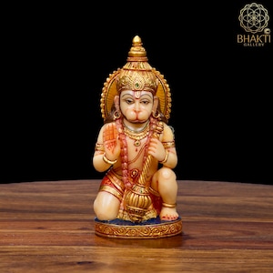 Small Hanuman Statue, 14 cm Small Hand Painted Dust Marble Lord Hanuman Idol, Hindu Monkey god of Devotion Strength Celibacy & Bhakti