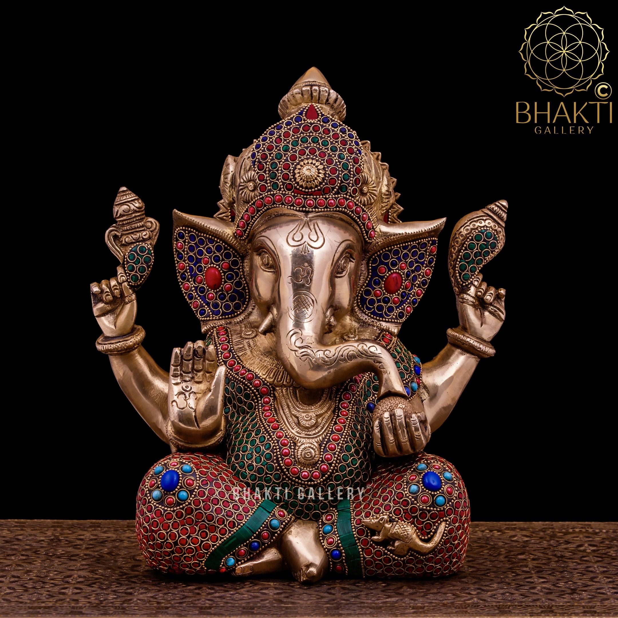 Ganesha Statue in Brass with Mosaic Stonework, 30 cm Big Brass Ganesh Idol, Elephant God statue, House warming gift, Good Luck Gift