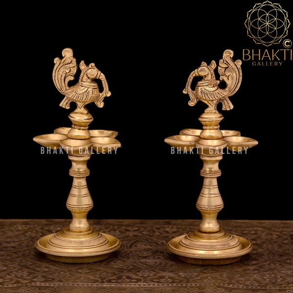 Annam Bird Brass Diya Stand Set of 2, 20 cm Small Annapakshi Brass Oil Lamp 2 Piece Set, Brass Kuthu Vilakku, Brass Diya Deepam Deepak