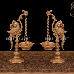 Brass Parrot Diya Set of 2, 22 cm Peacock Design Brass Oil Lamp 2 piece Set, Traditional Indian Brass Decorative Diya Deepak 5 oil wick