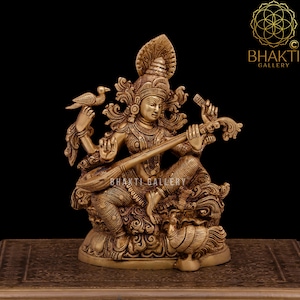 Brass Saraswati Statue, 27 cm big Goddess Saraswati idol, Goddess Sarasvati Statue. Hindu Mother Goddess of Arts, Music, Knowledge & Wisdom.