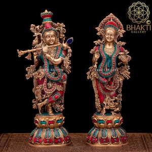 Brass Radha Krishna Statue, 46 cm Big Brass Radhakrishna Murti, Radha-Krishna Figurine, Home Entrance Decor, Marriage Anniversary Gift