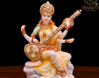 Small Saraswati Statue, 15 cm Hand Painted Cultured Marble Saraswati Idol, Sarasvati. Hindu Goddess of Knowledge, Music, Art & Wisdom.