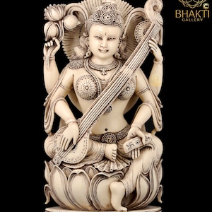 Maa Saraswati Murti on Lotus, 32 cm Big Size Ivory Look Antique Finish Dust Marble Saraswati Statue, Hindu goddess of Art Music & Wisdom