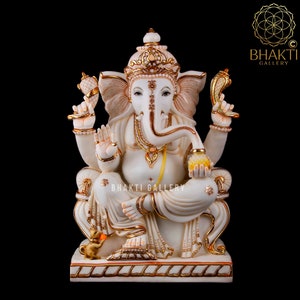Ganesh Statue Large, 59 cm Big Large Size Hand Painted Cultured Marble Ganesha Statue, Hindu Mandir Temple Religious Home Office Decor