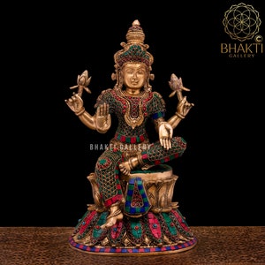 Brass Lakshmi Statue with Stonework, 37 cm Big Large Size Brass Laxmi Idol, Hindu Goddess of Money wealth Abundance & prosperity