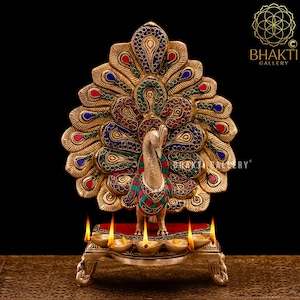 Peacock Brass Diya with 5 wick, 37 cm Peacock Design Brass Oil Lamp Stand, Brass Decorative Diya, Home Temple Decor, Housewarming gift
