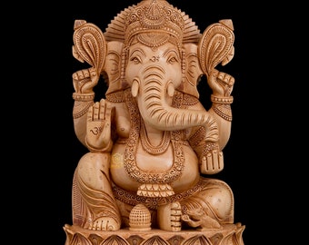 Wooden Ganesha Statue Large, 35 cm Hand Carved Wooden Ganesh Statue Big, Ganapathi, Elephant God Statue, Good Luck Gift for New Beginnings.