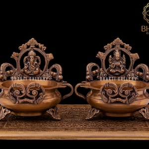 Brass Lakshmi Ganesh Urli Set of 2, 20 cm Small Size Bronze Finish Brass Laxmi Ganesha Urli, Floating flowers Candles Diya Pot, Brass Uruli