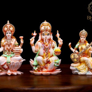 Laxmi Ganesha Saraswati Murti, 18 cm Big Hand Painted Cultured Marble Lakshmi Ganesh Saraswati Statue For Home Temple, Hindu Gods Statue