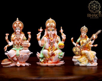 Laxmi Ganesha Saraswati Statue, 18 cm Big Hand Painted Cultured Marble Lakshmi Ganesh Saraswati Murti For Home Temple, Hindu Gods Statue.