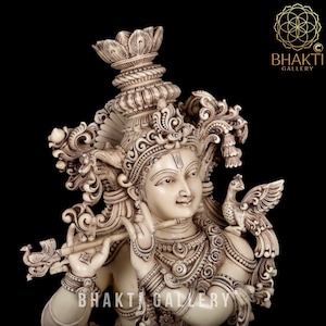 Big Large Size Dust Marble Krishna Statue, Ivory Looks Antique Finish Lord Krishna Idol, Krishn, Hindu God Deity of Love,Home Entrance Decor