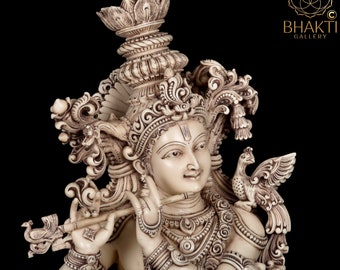 Big Large Size Dust Marble Krishna Statue, Ivory Looks Antique Finish Lord Krishna Idol, Krishn, Hindu God Deity of Love,Home Entrance Decor