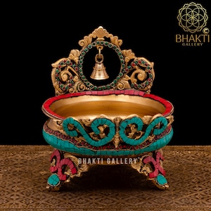 Brass Urli with Bell, 21 cm Small Brass Urli Bowl with Stonework, Traditional Indian Brass Bowl Art, Religious Home office Decor, Uruli