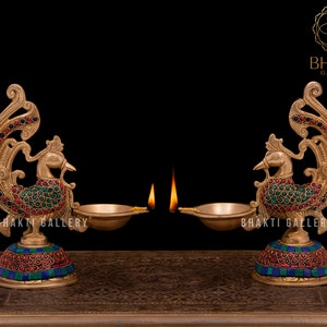 Annam Bird Brass Diya Set of 2 with mosaic Stonework, 21 cm Annam bird Brass Oil Lamp, Traditional Indian Oil Lamps, Brass Decorative Diyas