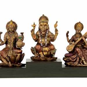 Small Lakshmi Ganesh Saraswati Statue, 11 cm Small size Bonded Bronze Laxmi Ganesh Saraswati Idols on Wooden Base, Home Temple Statue