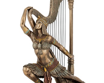 Egyptian Dancer Lunge in front of Grand Harp Idol, 25 cm Cleopatra With Egyptian Harp Sculpture, Egypt Home Decor Statue Figure Figurine