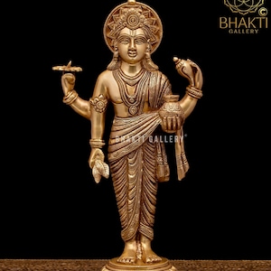 Brass Dhanvantari Statue, 38cm Big Brass Dhanvantri Idol, Dhanwantri, Hindu God of Ayurveda Healing Health and Medicine, Lord Dhanvanthri