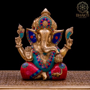 Brass Ganesha Statue large with Mosaic Stonework, 30 cm Big Large size Brass Ganesh Statue, Elephant God Figure, Hindu God of Good Luck.