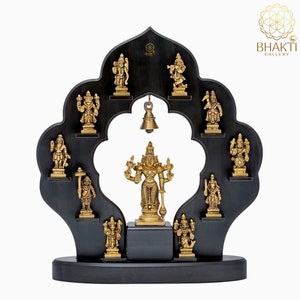 Vishnu Dashavatar Set in Brass with Wooden Frame, 37 cm Brass Vishnu Dashavatara, Vishnu surrounded by his Ten Incarnations Avatars