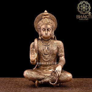 Brass Hanuman Statue, 29 cm Big Golden Finish Blessing Lord Hanuman Idol, Monkey god Statue, Hindu God of Devotion Strength & Celibacy