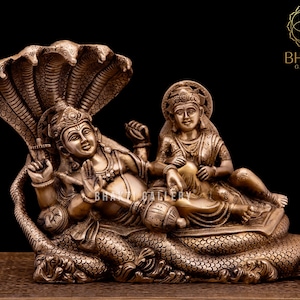 Brass Lakshmi Narayana Statue, Brass Vishnu Lakshmi Statue on Sheshnag, 35 cm Big Large size Brass Sri Laxmi Narayan Idol on Shesha Naag