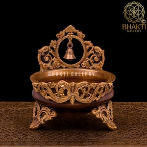 Brass Urli Bowl, 21 cm Bronze Finish Small Size Brass Urli with Bell, Traditional Brass Bowl Art, Floating flowers Candles Diya Pot