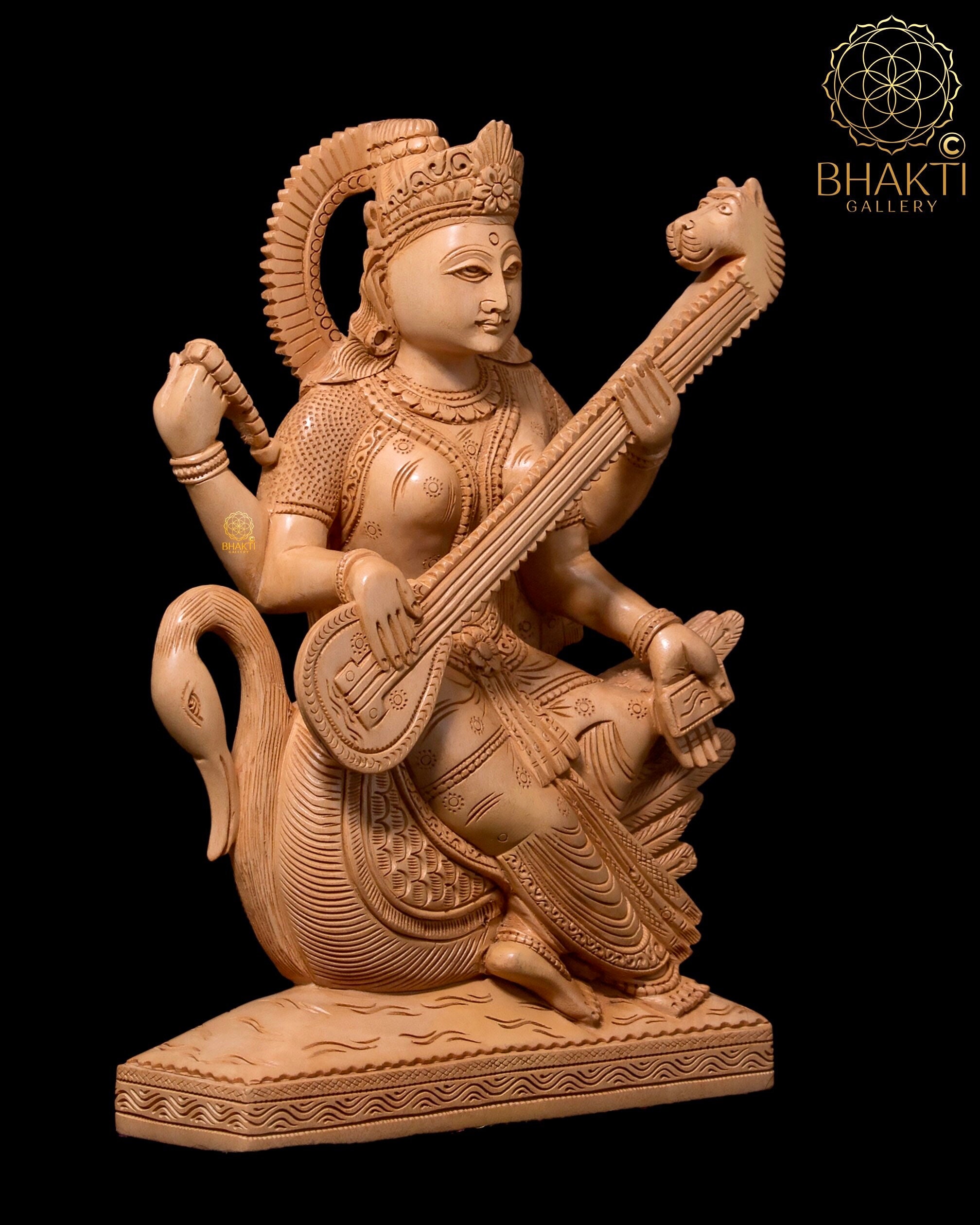 Saraswati Statue 8 Hand Carved Wooden Goddess Saraswati Idol Etsy