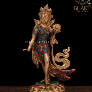 Brass Standing Tara Statue with Stonework, 39 cm big Size Brass Tara Statue, Buddhism, Female Shakti, Bodhisattva, Buddhist Savior