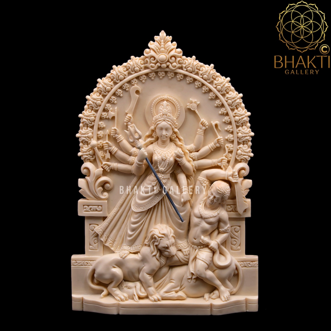 Maa Durga Statue, Bengali Durga, 26 Cm Big Ivory Finish Dust Marble