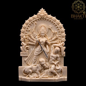 Maa Durga Statue, Bengali Durga, 26 cm big Ivory Finish Dust Marble Mahishasura Mardini Statue, Goddess Mahisha, Mahishasuramardini Murti