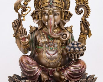 Ganesha Statue, Bonded Bronze Lord Ganesha Idol on Lotus, Ganapati, Vinayaka. Hindu Elephant God & Good Luck Gift for New Beginnings.