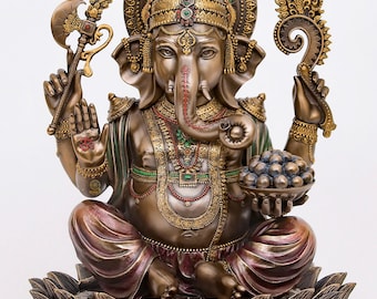 Ganesha Statue, Bonded Bronze Lord Ganesha Idol on Lotus, Ganapati, Vinayaka. Hindu Elephant God & Good Luck Gift for New Beginnings.