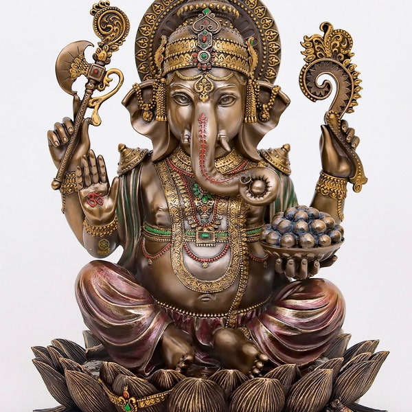Ganesha Statue, Bonded Bronze Lord Ganesha Idol on Lotus, Ganapati, Vinayaka. Hindu Elephant God & Good Luck Gift for New Beginnings.