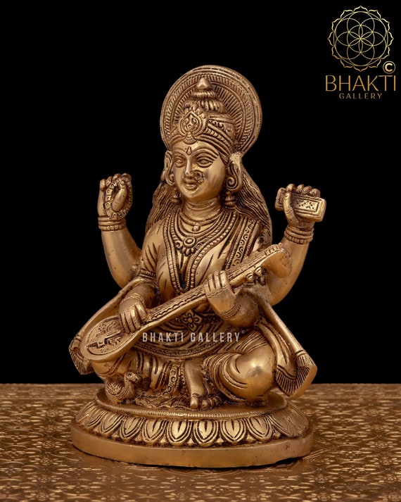 Laxmi Ganesh Saraswati Brass Idol - Antique Gold Finish Hindu Statue 5.1 Inches