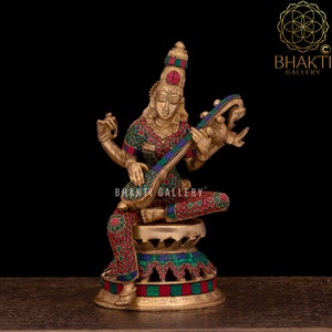 Brass Saraswati Statue with Stonework, 31 cm Big Brass Goddess Saraswati Statue, Hindu goddess of Arts Music & Knowledge, Sarasvati Statue