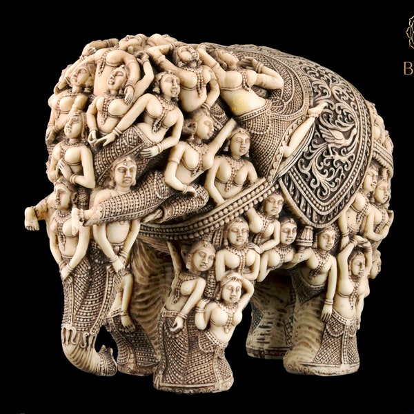 Elephant Figure, 36 cm Ivory Finished Dust Marble Lady Elephant Sculpture, Elephant Statue, Elephant Figurine, Good Luck gift, Indian Art.