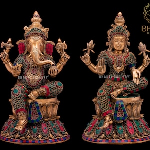 Brass Lakshmi Ganesh Statue Large with Stonework, 37 cm Big Size Brass Lakshmi Ganesha Idol, Ganesha Laxmi Sculpture, Laxmi Ganesh Murti