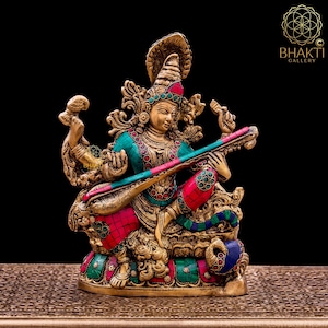 Brass Saraswati Statue with Stonework, 27 cm big Brass Goddess Saraswati idol, Hindu Mother Goddess of Arts, Music, Knowledge & Wisdom